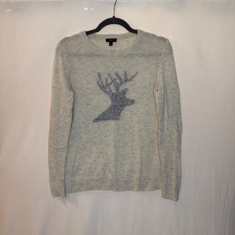 Talbots Petites Gray Reindeer Glitter Holiday Sweater Lambswool Alpaca Blend SP